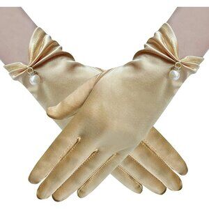 Women's Gold Floral Lace Gloves Elegant Wrist Bridal Wedding Dinner Party